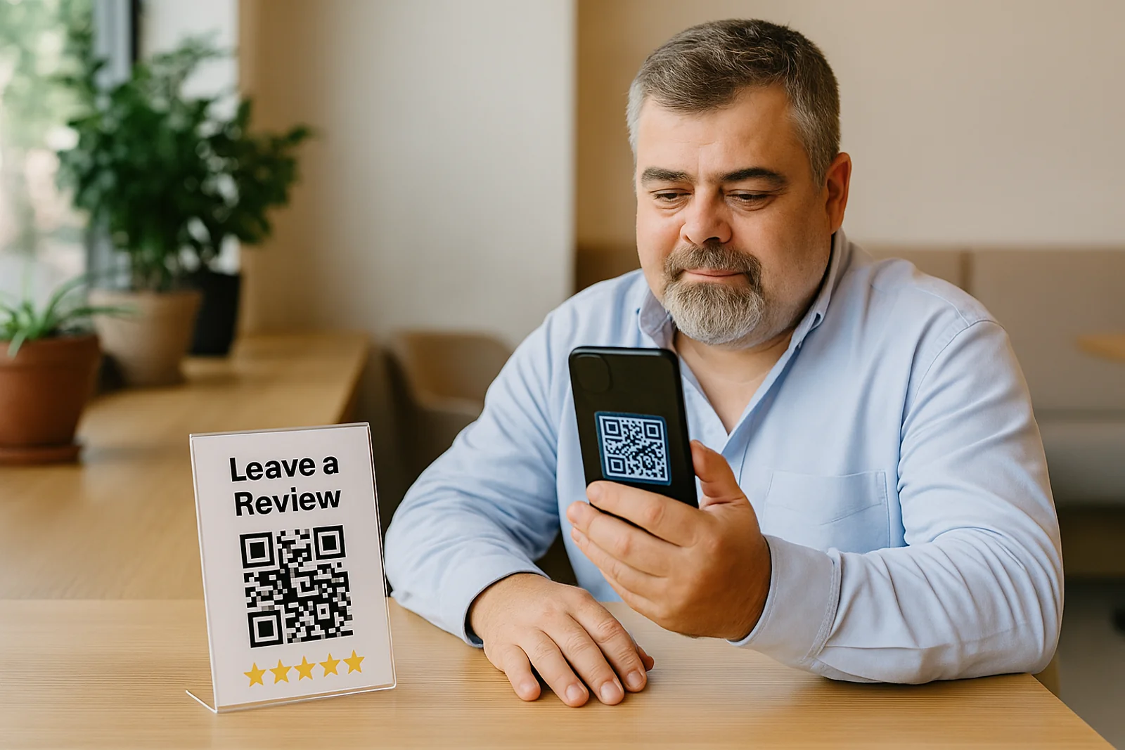Cliente che scansiona un QR code per lasciare una recensione