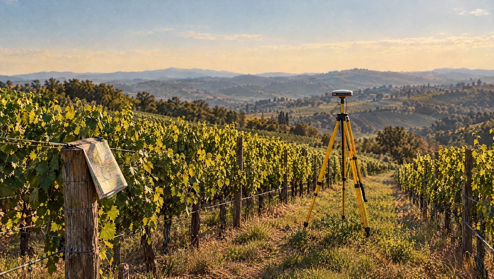 Illustrazione: filari su una collina con un ricevitore per rilievi topografici su treppiede